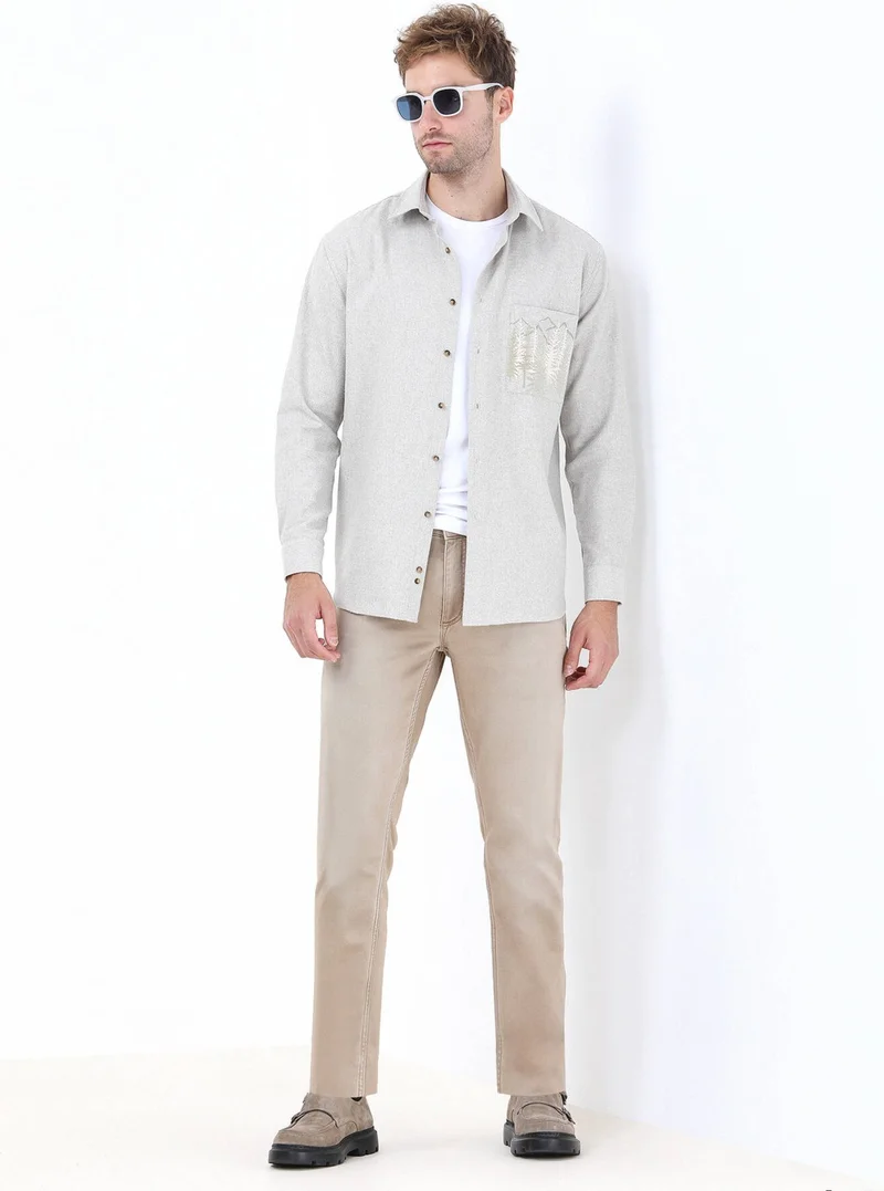 Kip Beige Printed Regular Fit Woven Casual Cotton Blend Shirt