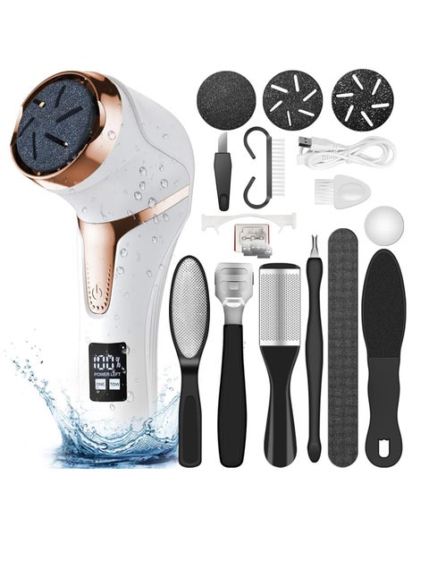 Electric Feet Callus Remover with Lint Vacuum, Rechargeable Callus Remover Pedicure Tools, Professional Foot Care Kit with 3 Heads and 2 Speeds, LCD Display