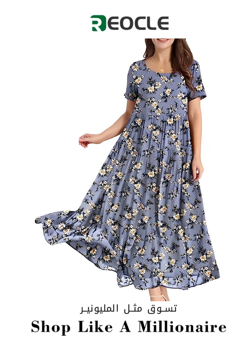 ريوكل فستان نسائي كاجوال فضفاض بأكمام قصيرة وطويل بتصميم بوهيمي مزهر فستان ماكسي صيفي مناسب للشاطئ - Image 1