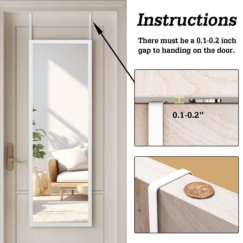 whitebeach 48" x 16" Over The Door Full Length Mirror Wall Mounted Hanging with 2 Metal Hangers for Bedroom Living Room Bathroom White - Image 4