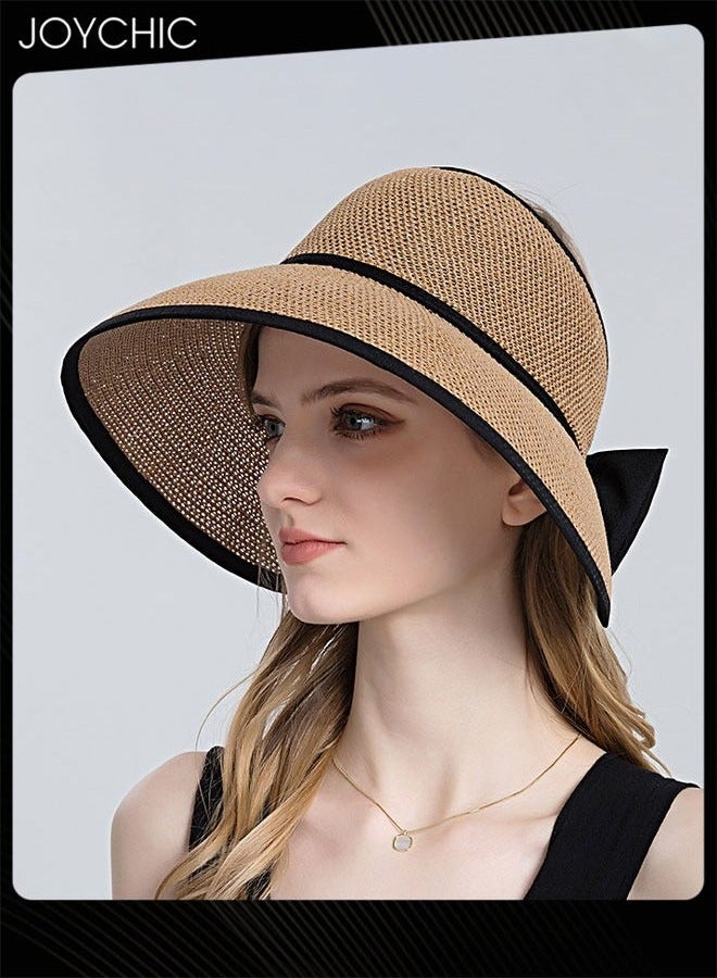 Joychic Ladies Summer Visor Women Large Brim Outdoor Sun Hat Bowknot Hollow Straw Hat Adjustable Foldable Portable Beach Hat - Image 1