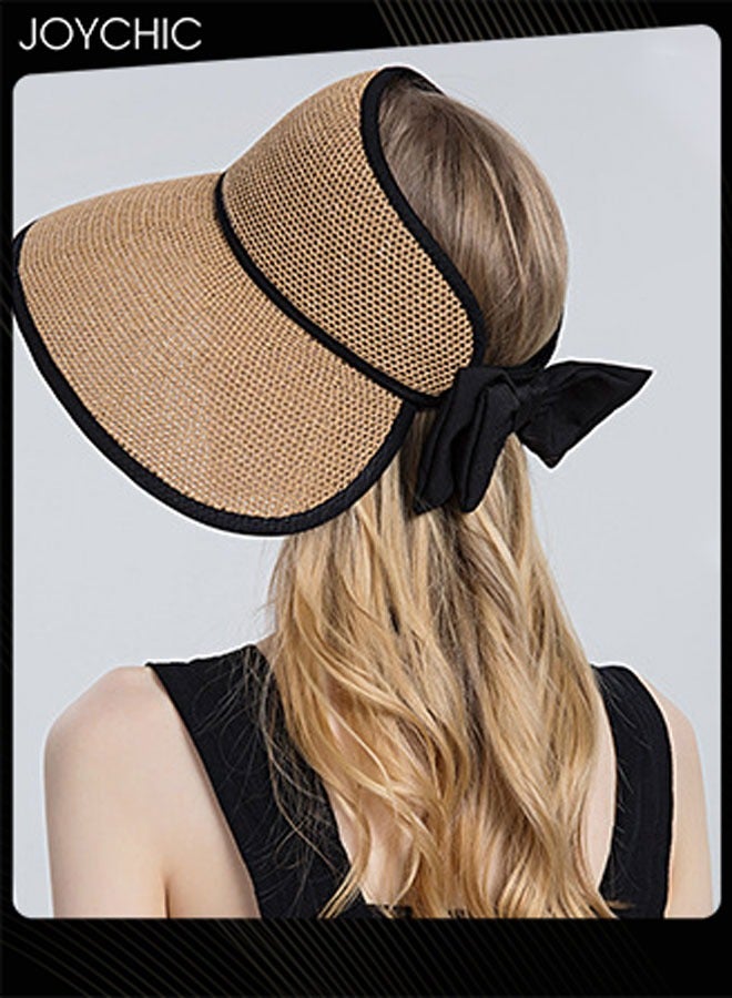 Joychic Ladies Summer Visor Women Large Brim Outdoor Sun Hat Bowknot Hollow Straw Hat Adjustable Foldable Portable Beach Hat - Image 2