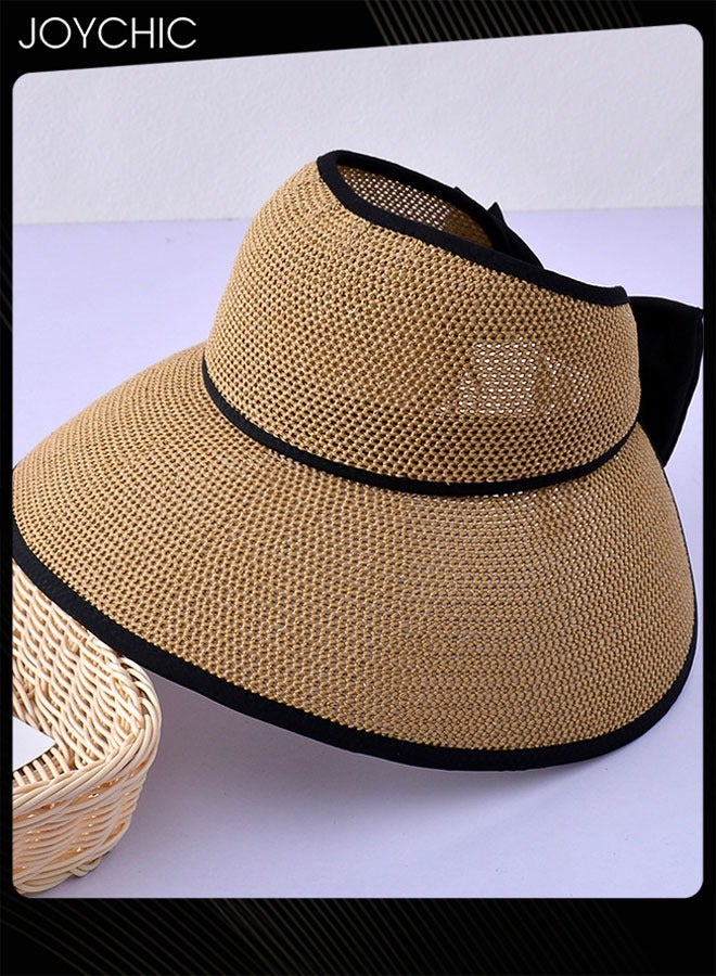 Joychic Ladies Summer Visor Women Large Brim Outdoor Sun Hat Bowknot Hollow Straw Hat Adjustable Foldable Portable Beach Hat - Image 3