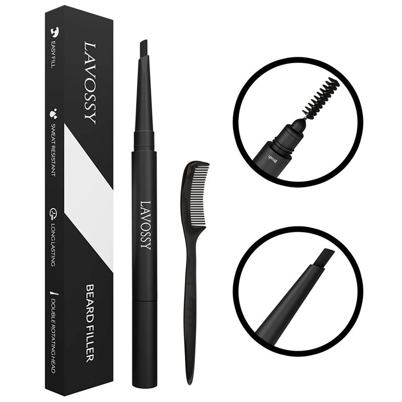 LAVOSSY Beard Pencil Filler for Men - Long Lasting and Easy to Use Beard Pen with blending brush results in a sleek & natural look, Water/Sweat Proof beard filler (1 Count (Pack of 1), Black)