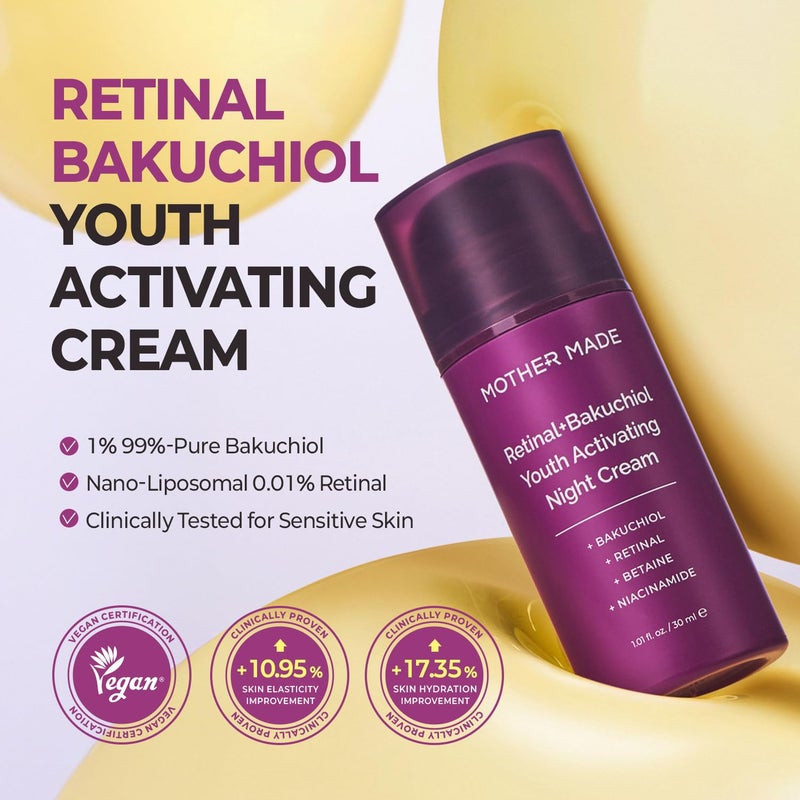 MOTHER MADE Retinol Bakuchiol Night Cream, 1 Fl Oz, Korean Retinal Face Cream to Firm Skin, Reduce Wrinkles, Fine Lines, Signs of Aging, Antiaging, Smoothing, Korean Skincare - Image 2