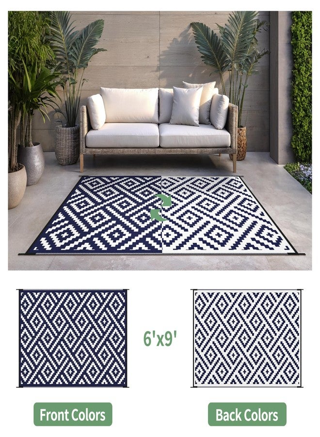 sarben Waterproof Outdoor Rug 6x9 ft, Patio Rug Mat, Reversible Plastic Straw Rug, Indoor/Outdoor Area Rugs Carpet for RV, Camping, Deck, Porch, Picnic, Backyard, Balcony, All Weather, Blue & White - Image 2