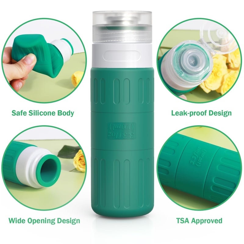 GLAMFIELDS Travel Bottles for Toiletries,TSA Approved 3.3oz Size LeakProof Silicone Toiletry Containers for Shampoo, Conditioner,Easy to Squeezeï¼ŒPortable Travel Essentials for Lotion(18 Pack) Green - Image 3