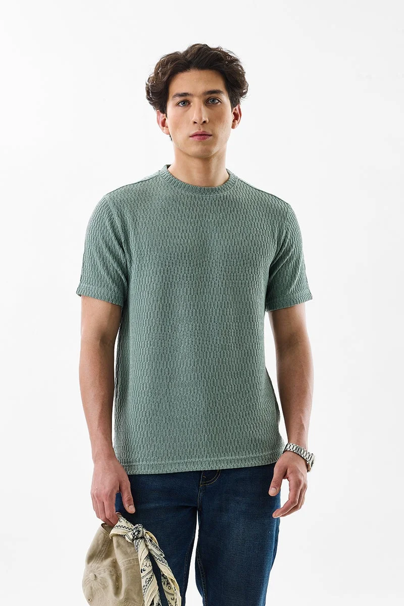 سنيتش Sage Green Textured Short Sleeve Slim Fit T-Shirt