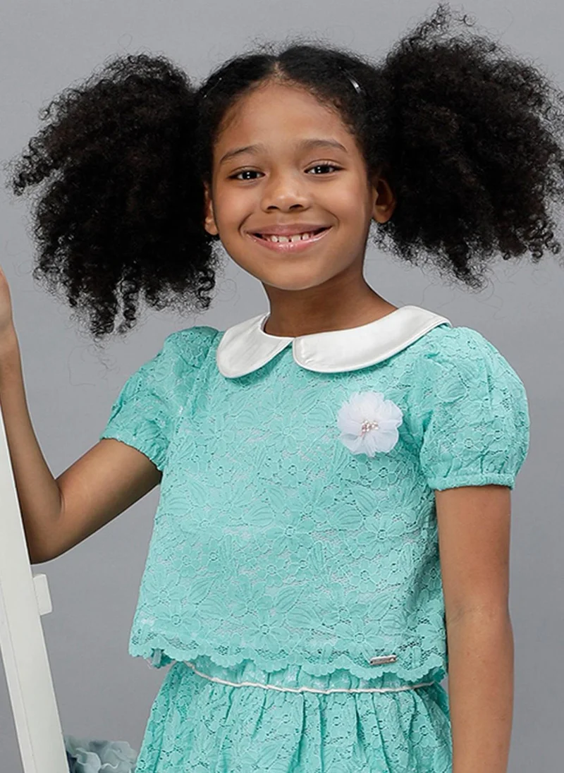 One Friday One Friday Girls Mint Lace Fabric Peter Pan Collar Top