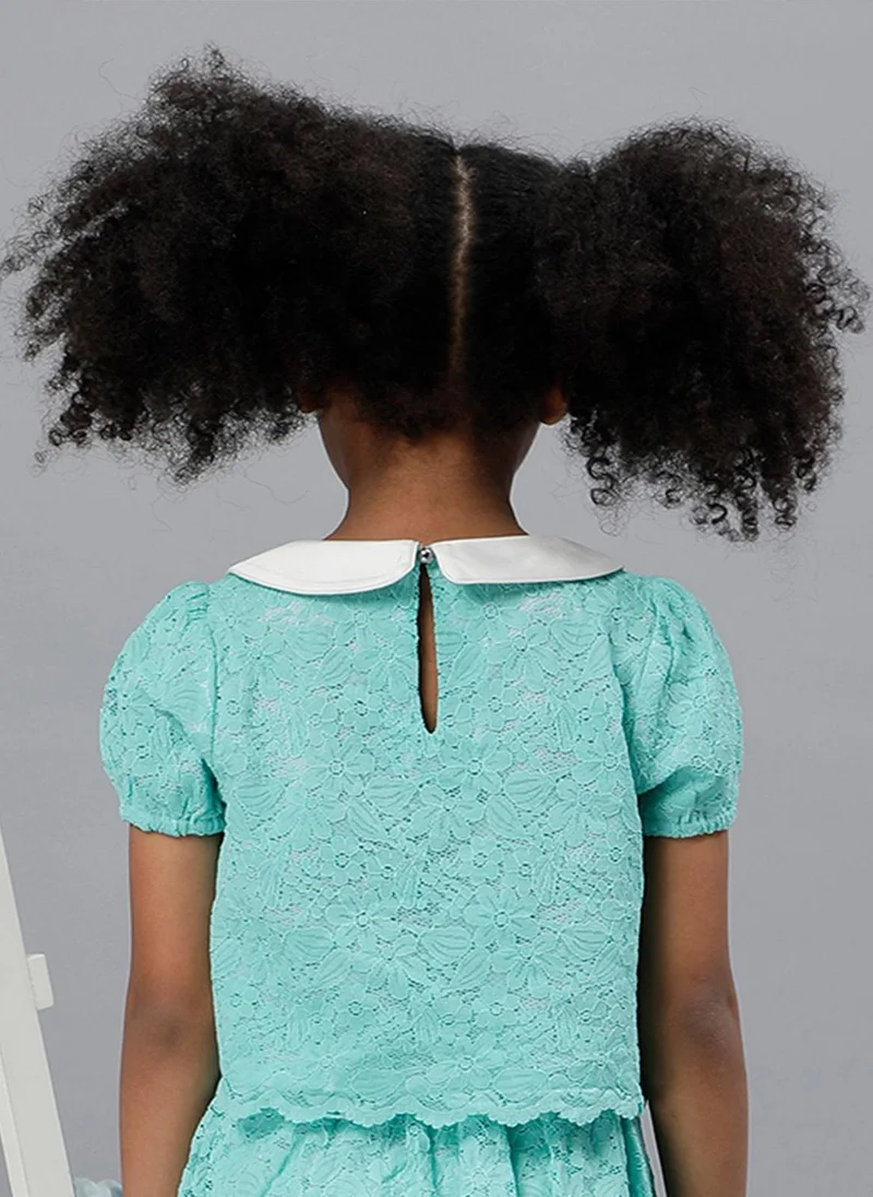 One Friday One Friday Girls Mint Lace Fabric Peter Pan Collar Top