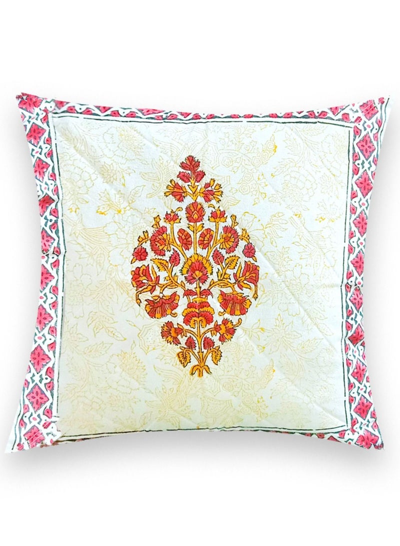 OJARIYA Pink and Orange Paisley Organic Cotton Hand Block Cushion Cover 40 Cm X 40 Cm - Image 1