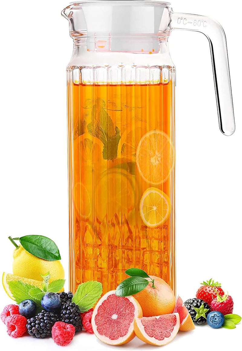 WRINGO 1.3 Litre Glass Water Jug with Plastic Lid & Handle Beverage Carafe for Beer, Water, Cocktails, Detox Drinks & More, Set of 1 Clear Glass 1300ML, Perfect for Parties & Events (WR-02) - Image 1
