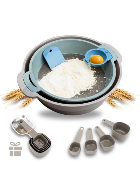 Large Flour Sifter Set With 4pcs Measuring Cups, Rounded Flour Sieve Set With Stainless Steel Fine Mesh Strainer With a Big Mixing Bowel And Scraper And Egg White Separator