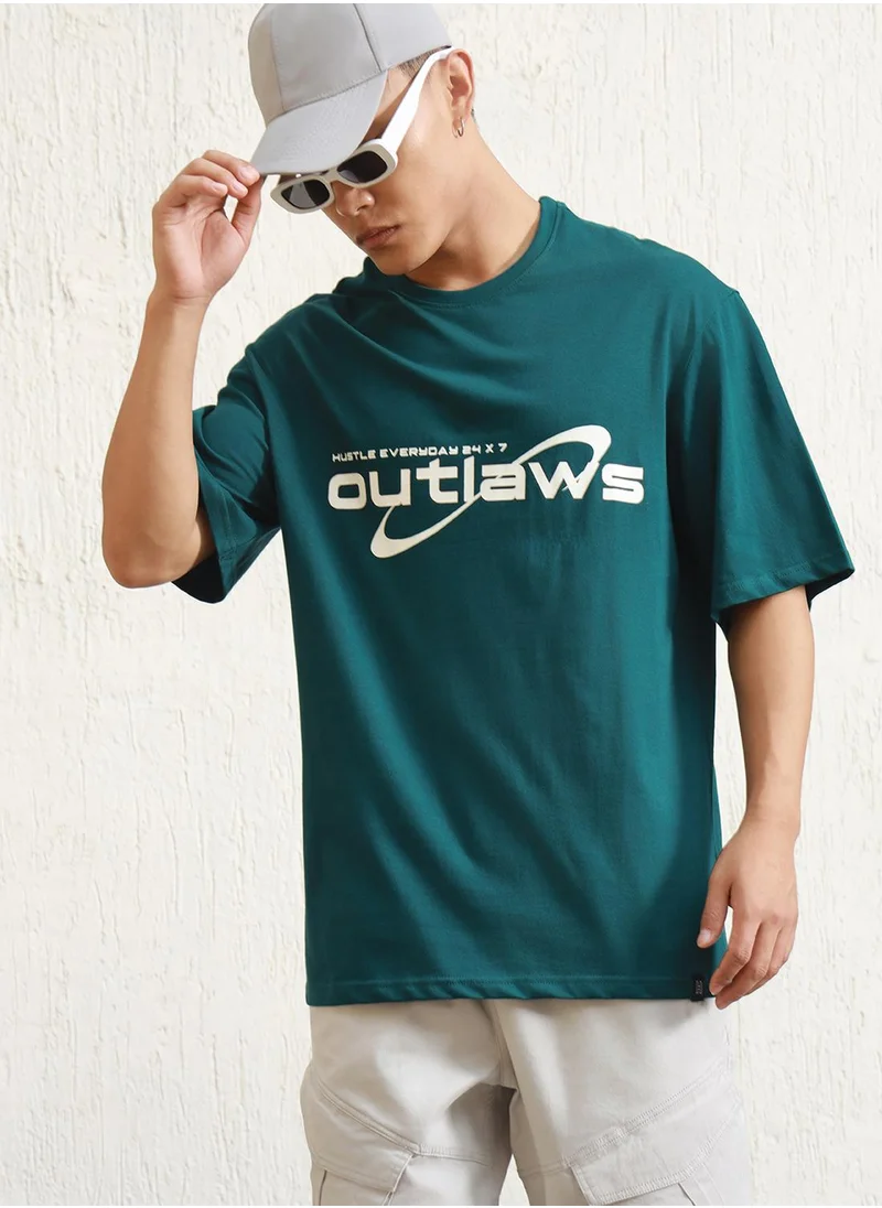 هوبرهولمي Men's Teal 100% Cotton Printed Relaxed T-Shirt
