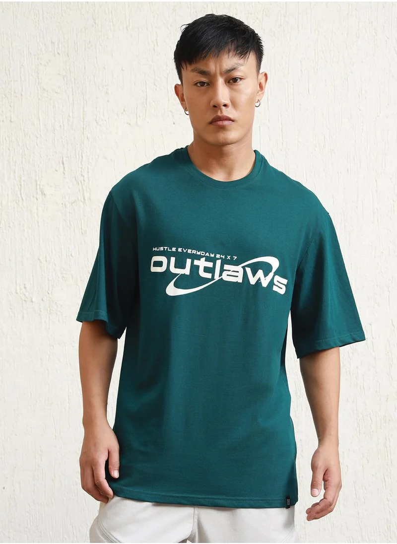 هوبرهولمي Men's Teal 100% Cotton Printed Relaxed T-Shirt