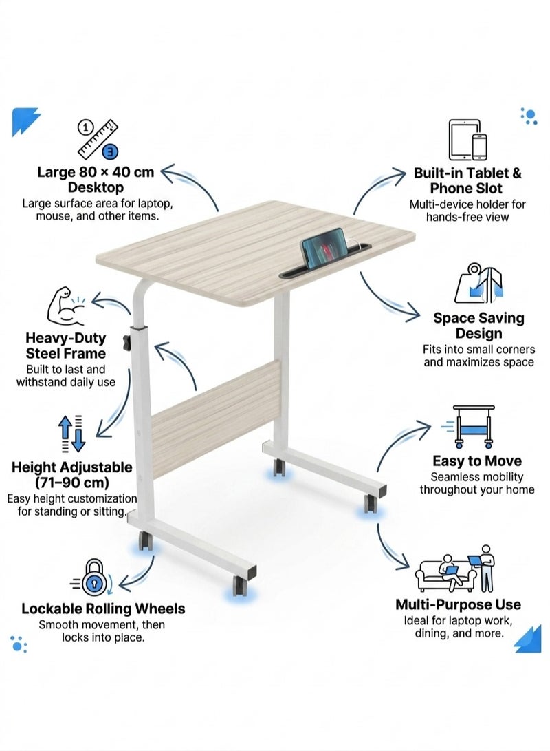 Dland Home Laptop Desk Adjustable Height 80 x 40 cm, Mobile Computer Desk with Wheels, Study Table, Overbed Table, Bedside Desk, Home Office Workstation with Tablet Holder - Image 3