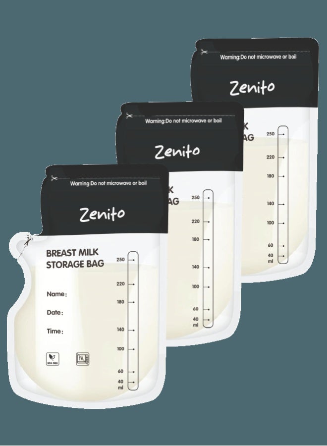 Zenito Breast Milk Storage Bags - Pre-Sterilized & Leak-Proof -30PCS Breastmilk Storage Bags : 250ml No-Leak Breast Milk Bags with Hygienically Pre-Sealed, BPA-Free, Self-Standing Milk Storage Bags with Pour Spout