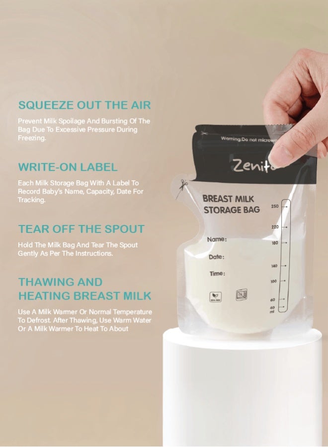 Zenito Breastmilk Storage Bags 30PCS, 250mL BPA-Free, Leakproof & Pre-Sterilized, Double Zipper Seal, Easy Labeling, Suitable for Refrigeration & Freezing - Safe Milk Storage for Babies - Image 4