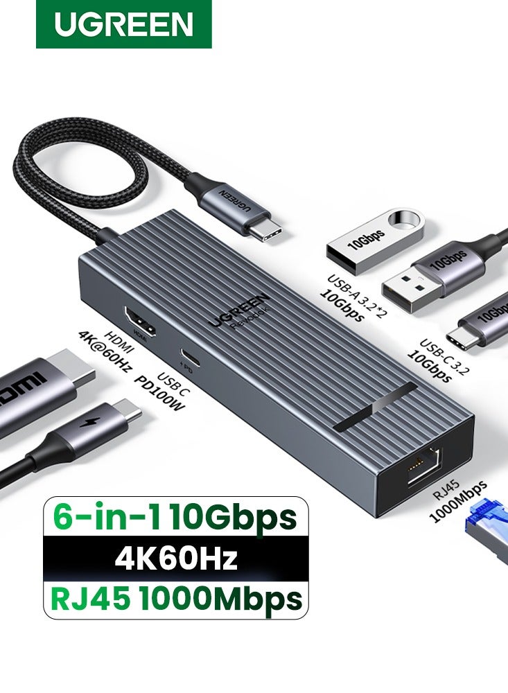 يو جرين ريفودوك موزع يواس بي سي 6 في 1، 4k@60Hz محول من تايب سي إلى HDMI بدقة،PD 100W  شحن سريع، Mbps1000 إيثرنت و3 منافذ USB3.2، متوافق مع آيفونو 17 16 ماك بوك اير برو وايباد برو ولينوفو ثينك باد وجالاكسي - Image 1