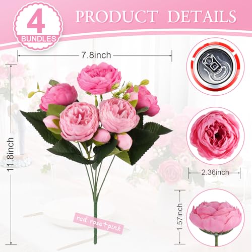 DEEMEI Artificial Peony Flower Silk Peonies Bouquet 4 Bundles Fake Flowers Bulk for Home Wedding Party Decor (Rose Red+Pink) - Image 4