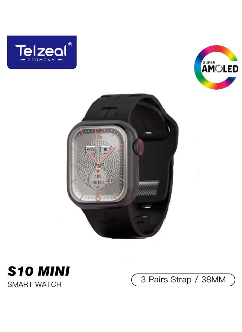Telzeal Telzeal S10 Mini AMOLED Display AI Smart Watch With 3 Pair Strap with Wireless Charger For Ladies and Girls Black  - Image 1