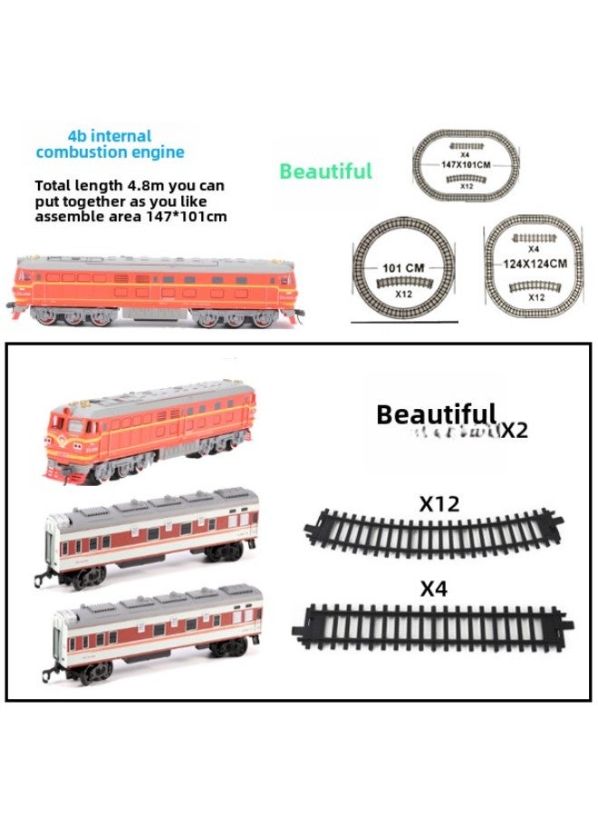 A18 Electric Green Leather Dongfeng 4B Internal Combustion Engine Train Track Luminous Carriage Toy High-speed Rail Train Suit Model-Color:Orange Head + 4.8m Track + 2 Red Passenger Cars Without Lights-Scale:Ordinary Aa Battery - Image 1