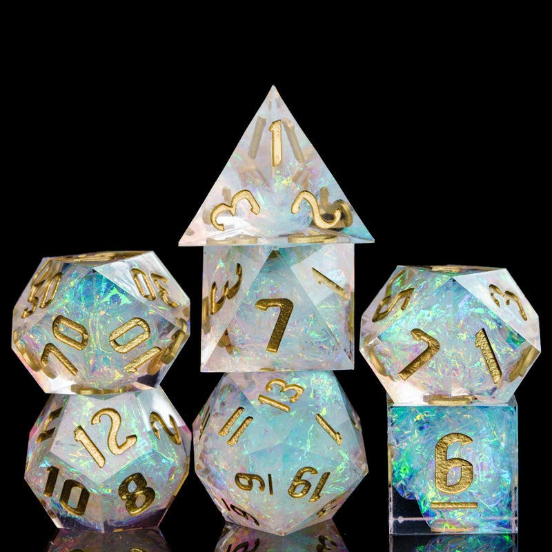 Cusdie Sharp Edges DND Dice 7 PCs DD Dice Handcrafted Polyhedral Dice Set for Role Playing Game Pathfinder Transparent wWhite Sparkle - Image 3