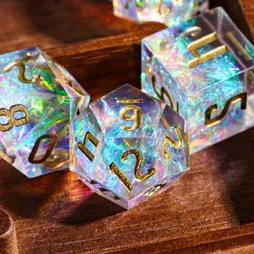 Cusdie Sharp Edges DND Dice 7 PCs DD Dice Handcrafted Polyhedral Dice Set for Role Playing Game Pathfinder Transparent wWhite Sparkle - Image 5