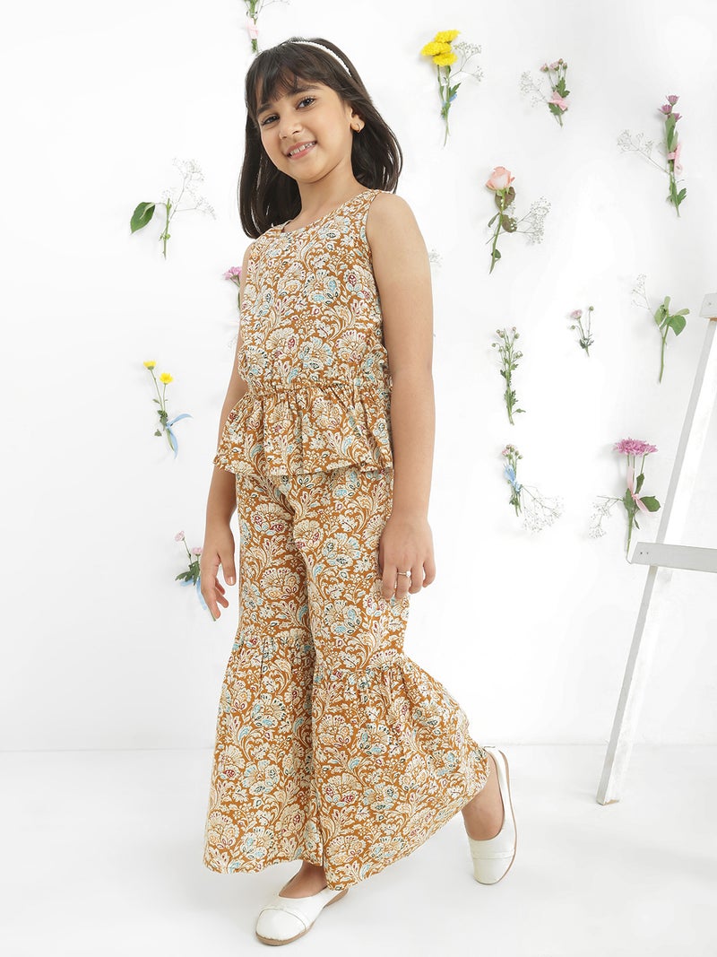 Globus Girls Yellow Floral Sleeveless Cotton Top & Sharara Co-Ord Set - Image 2