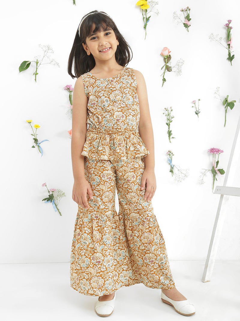 Globus Girls Yellow Floral Sleeveless Cotton Top & Sharara Co-Ord Set - Image 1