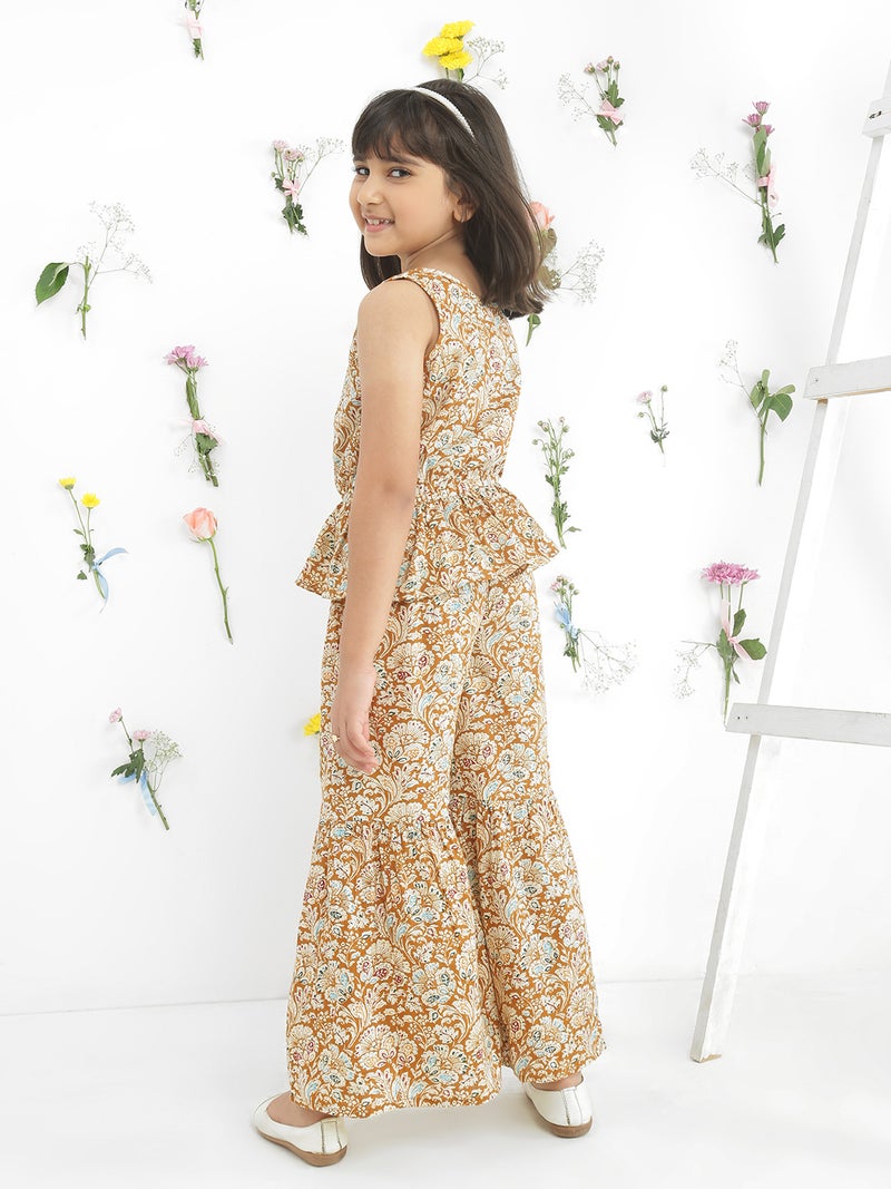 Globus Girls Yellow Floral Sleeveless Cotton Top & Sharara Co-Ord Set - Image 3