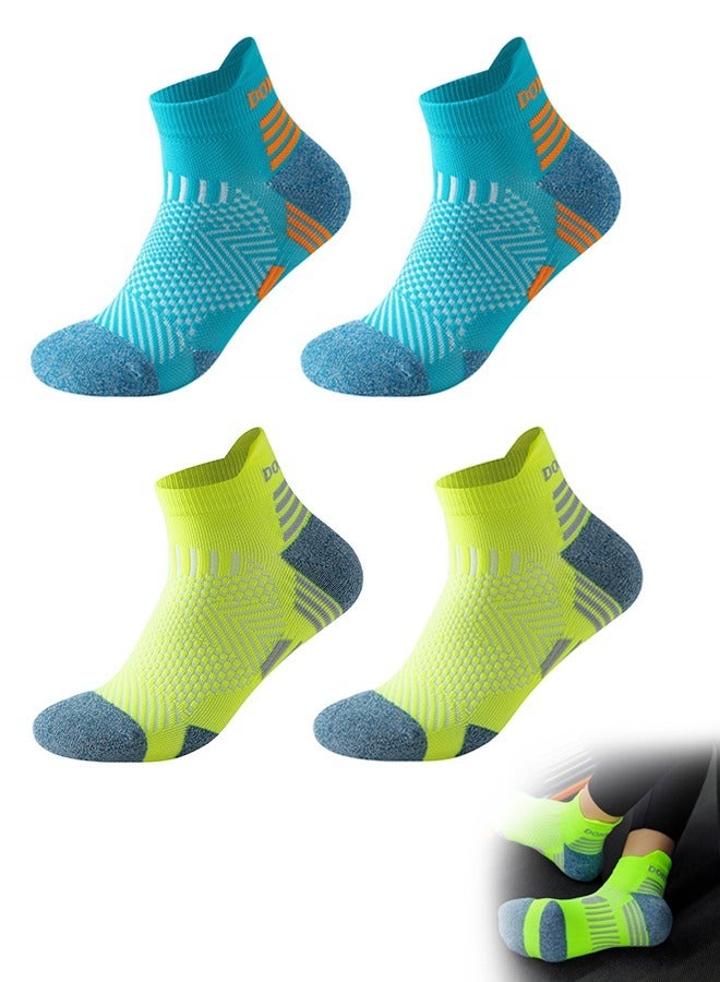 قطعتان من الجوارب الرياضية للرجال بقص منخفض للكاحل، جوارب جري قطنية قابلة للتنفس وغير قابلة للانزلاق للرجال والنساء، جوارب غير مرئية للقارب (أزرق + أصفر) - Image 1