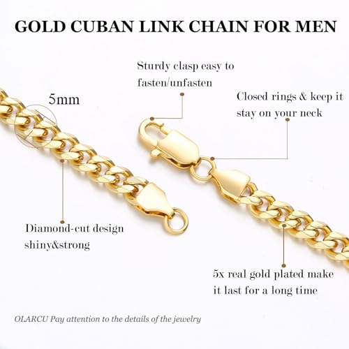 OLARCU 5mm 18K Real Gold Plated Cuban Link Chain for Men, Mens Stainless Steel Gold Chain Necklace Jewelry for Men (22 Inches(Men's average length)) - Image 3