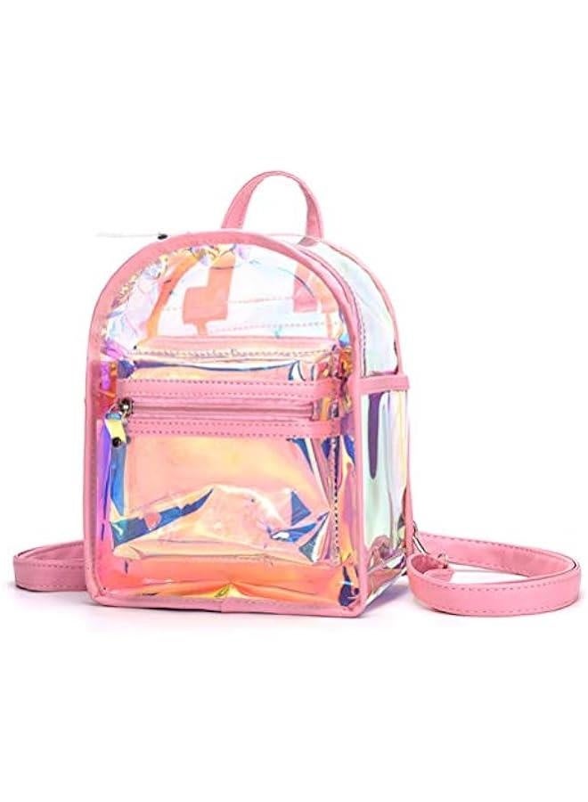 Holographic Transparent Backpack Women PVC Hologram Mini Backpack Clear Shoulder Bag Daily Backpack, Pink - Image 1