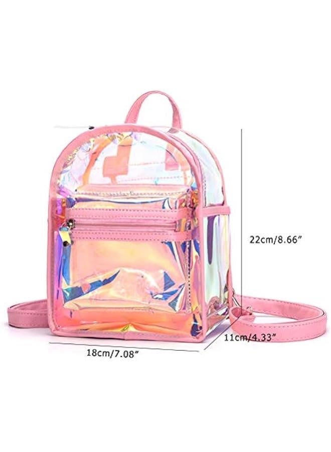 Holographic Transparent Backpack Women PVC Hologram Mini Backpack Clear Shoulder Bag Daily Backpack, Pink - Image 5