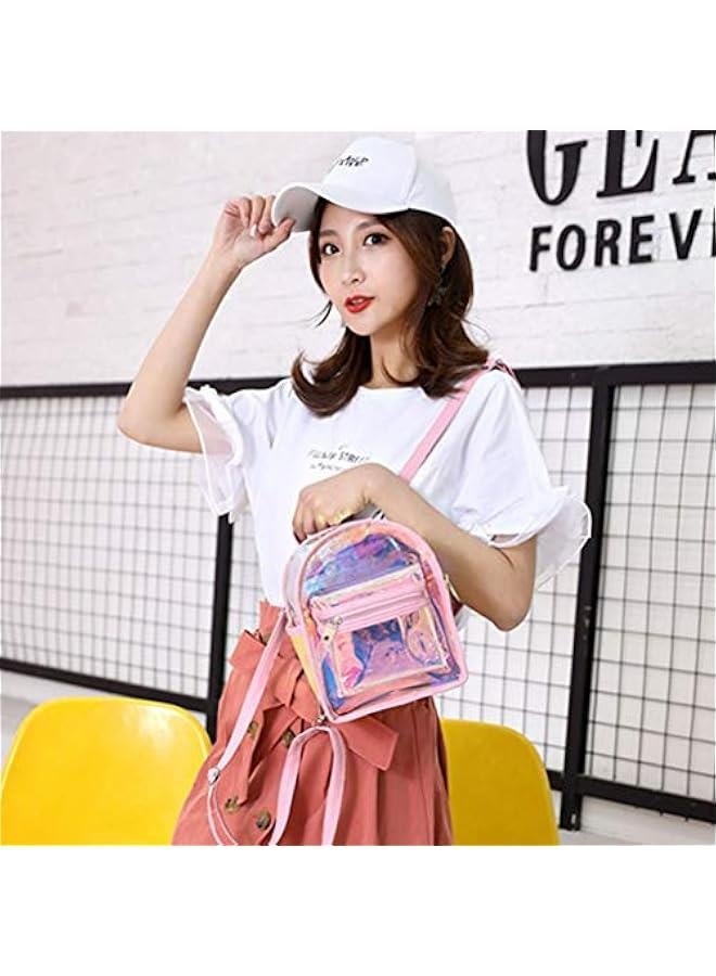 Holographic Transparent Backpack Women PVC Hologram Mini Backpack Clear Shoulder Bag Daily Backpack, Pink - Image 3