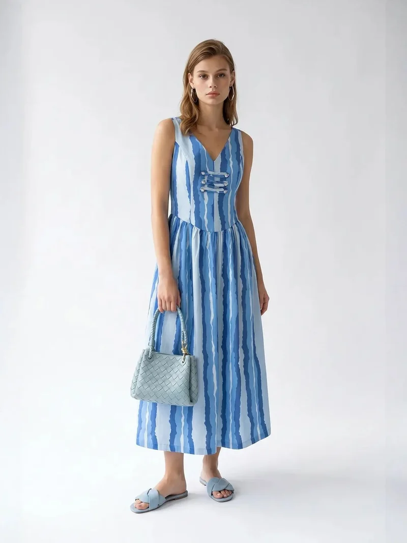 ميكسراي MIXRAY Striped A-line Midi Dress With Tie Detail