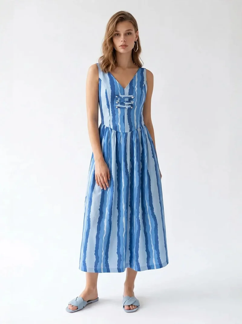 ميكسراي MIXRAY Striped A-line Midi Dress With Tie Detail