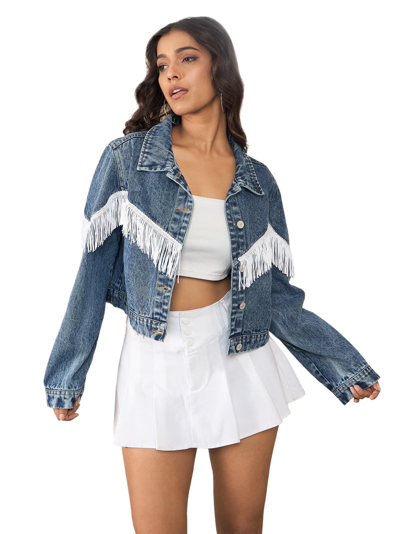 StyleStone Women's Denim Crop Jacket with Front Fringes (4253FrontYoYoJktXXL) - Image 1