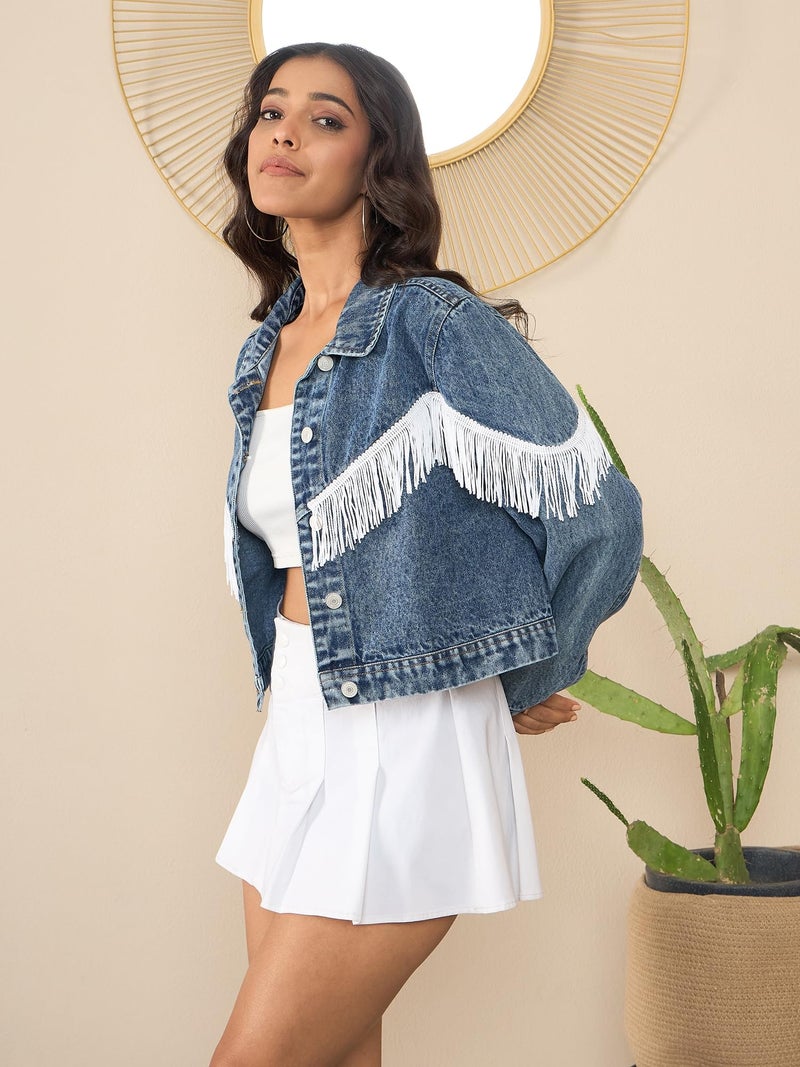 StyleStone Women's Denim Crop Jacket with Front Fringes (4253FrontYoYoJktXXL) - Image 3