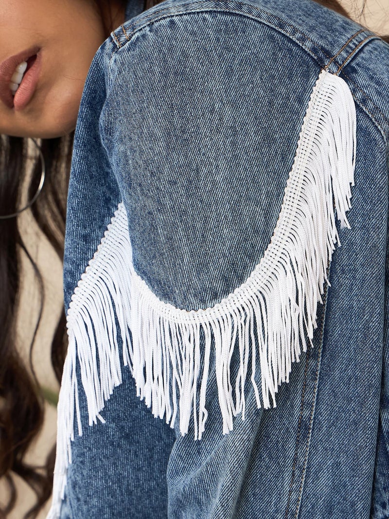 StyleStone Women's Denim Crop Jacket with Front Fringes (4253FrontYoYoJktXXL) - Image 5