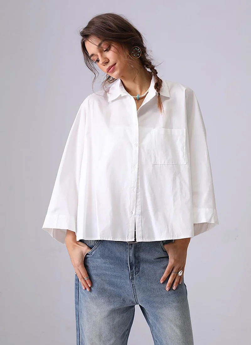 يونيكي White Spread Collar Kimono Sleeves Relaxed Fit Shirt