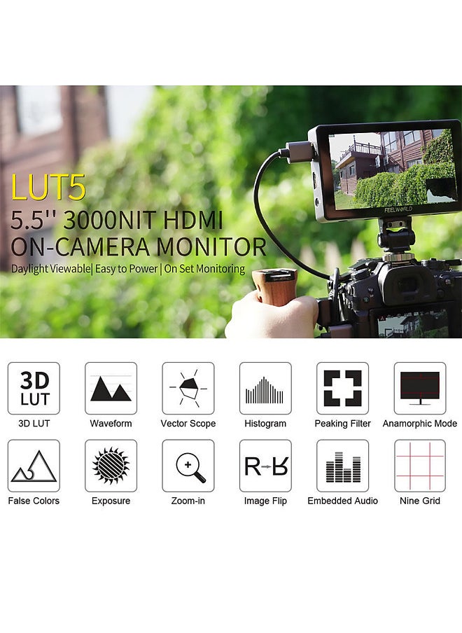 Feelworld - LUT5 5.5 Inch DSLR Camera Field Monitor Video Monitor 3000nits Ultra Bright Auto Dimming Touchscreen HDR Monitoring 3D LUT with 4K HDMI Input & Output 1920x1080 IPS Panel - Image 1