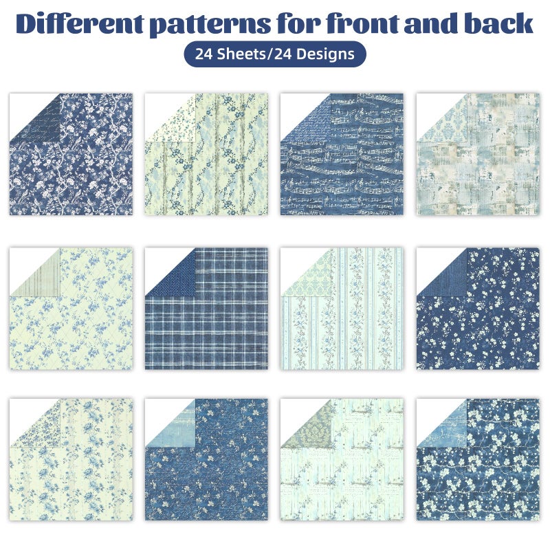 Ethanberg 12x12 Inch Scrapbook Paper Vintage Blue Floral Pattern, 24 Sheets/24 Designs Double-Sided Print Craft Paper, Scrapbook Specialty Decorative Paper for DIY Card Making Photo Album Junk Journals - Image 3