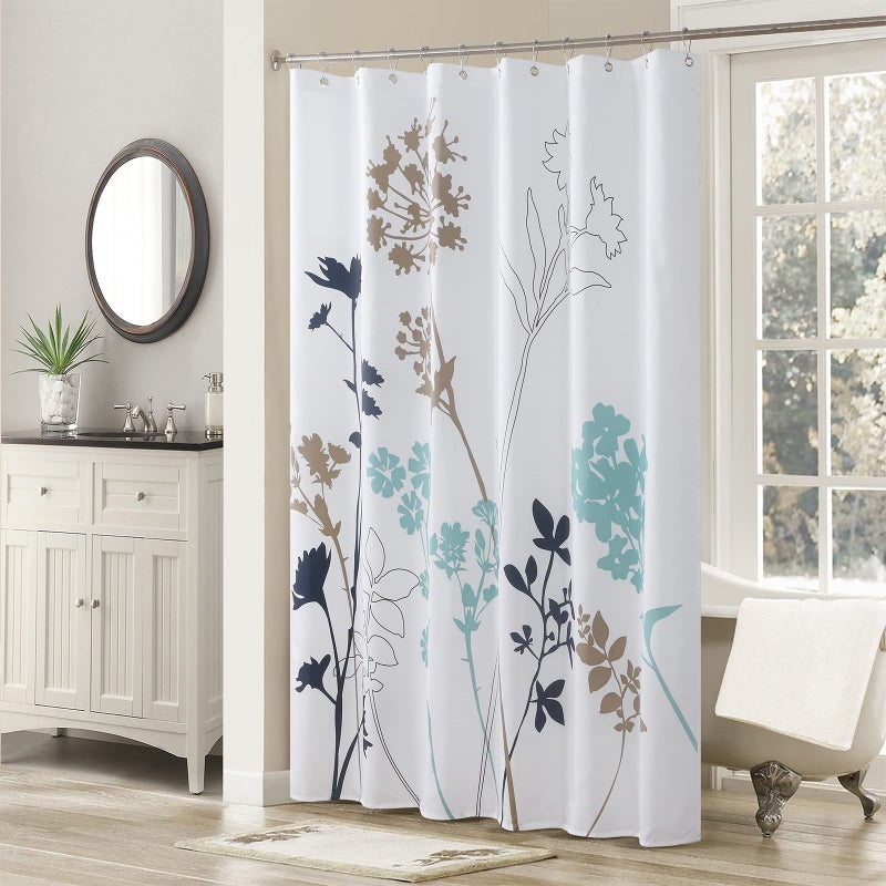 MVSUTA Silhouette Flower Polyester Blue Fabric Plants Teal Waterproof Navy Leaves Farmhouse Shower CurtainWhite Floral Bathroom Curtains72 W x 72 H