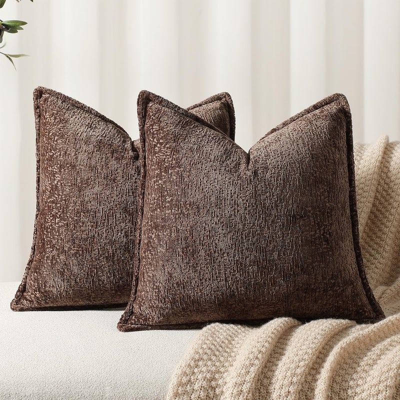 DEZENE Pack of 2 Chocolate Brown Decorative Throw Pillow Covers 20x20 Cozy Soft Chenille Accent Vintage Square Couch Pillow Covers for Home Decor Bed Sofa Living Room - Image 1