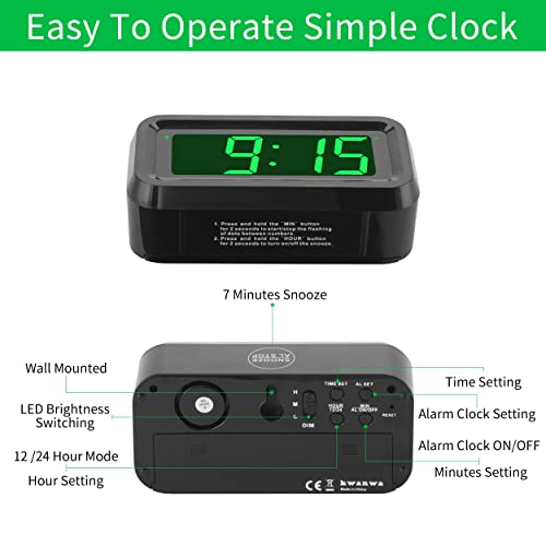 KWANWA Alarm Clock, Small Digital Clock, 1.2inch Green LED Clock, Adjustable Brightness, Dim Night Mode, 12H/24H, Battery Operated, Wall-Mounted, Snooze, Clock for Bedroom, Travel Clock, Kids Clock - Image 5
