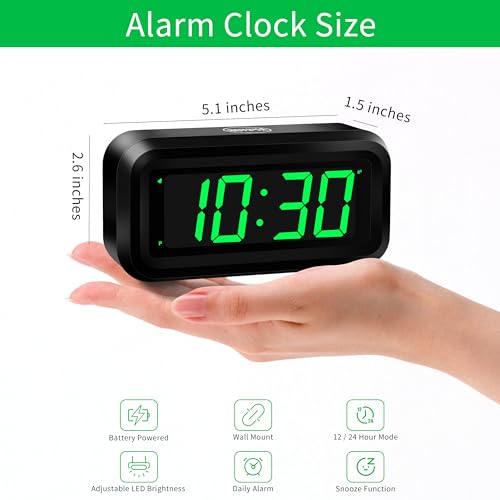 KWANWA Alarm Clock, Small Digital Clock, 1.2inch Green LED Clock, Adjustable Brightness, Dim Night Mode, 12H/24H, Battery Operated, Wall-Mounted, Snooze, Clock for Bedroom, Travel Clock, Kids Clock - Image 2