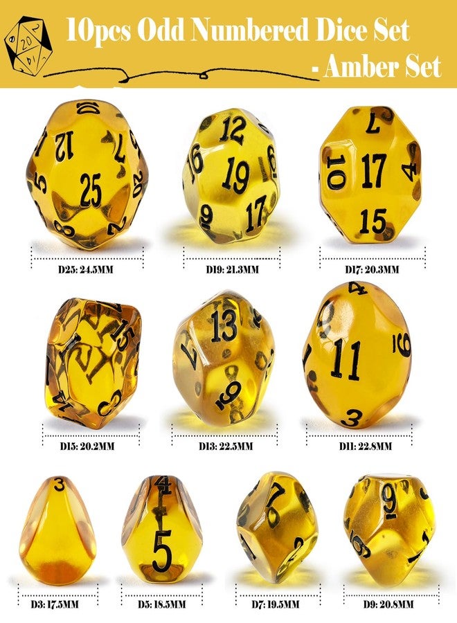 BESCON 10 Pieces Odd Numbered Polyhedral Dice Set D3-D25, Odd Number Dice D3, D5, D7, D9, D11, D13, D15, D17, D19, D25 for Role Playing Table Games (Amber Set) - Image 2