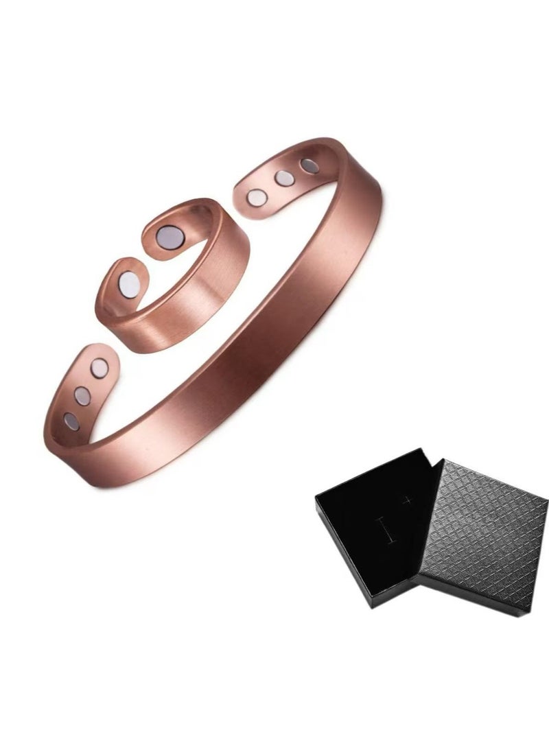 Copper Magnetic Bracelets  - Adjustable 99.9% Pure Copper Strong Magnets Jewelry Gift (1 Cuffs, 1 Rings,1 Black gift box) - Image 1